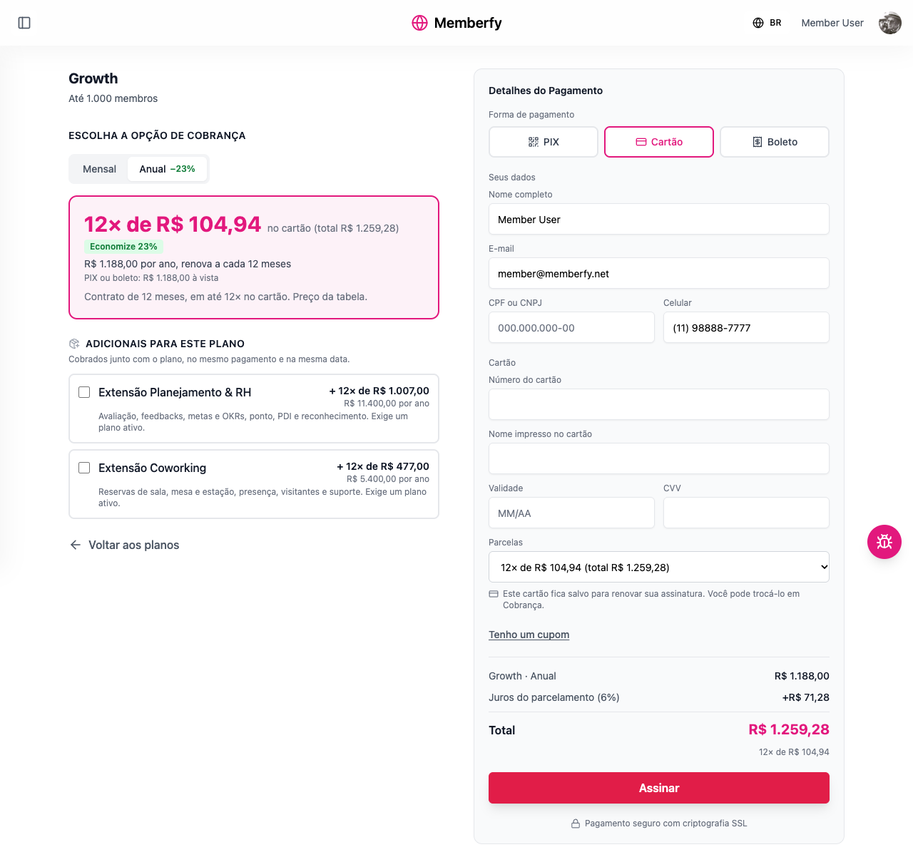 Der Checkout von Growth Jährlich in 12 Raten