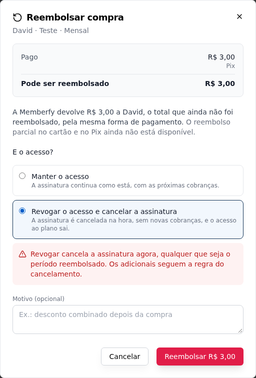 The refund dialog on a subscription, with the warning that revoking cancels the subscription (interface in Portuguese)