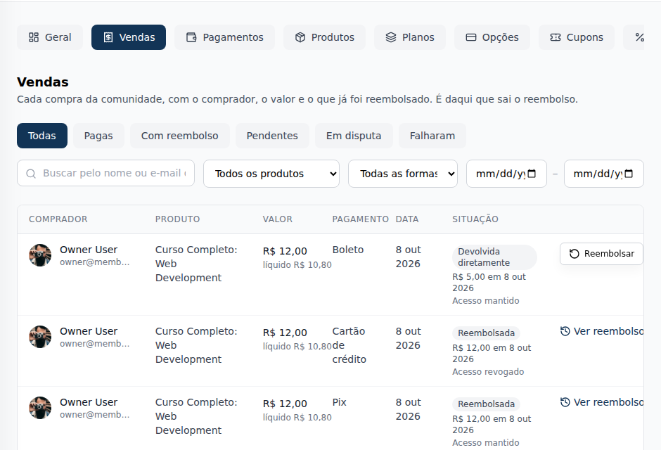 The Sales tab, with the filters and the status of each purchase (interface in Portuguese)
